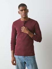 Burgundy Red Slim Long Sleeve Ribbed Henley T-Shirt - Image 3 of 8