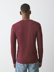 Burgundy Red Slim Long Sleeve Ribbed Henley T-Shirt - Image 4 of 8