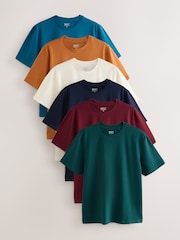 Navy/Dark Green/Ecru/Teal/Burgundy/Orange Regular Fit Essential Cotton T-Shirts 6 Pack - Image 1 of 9