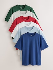 Red/Light Blue/Grey Marl/Green/White/Cobalt Blue Regular Fit Essential Cotton T-Shirts 6 Pack - Image 1 of 15