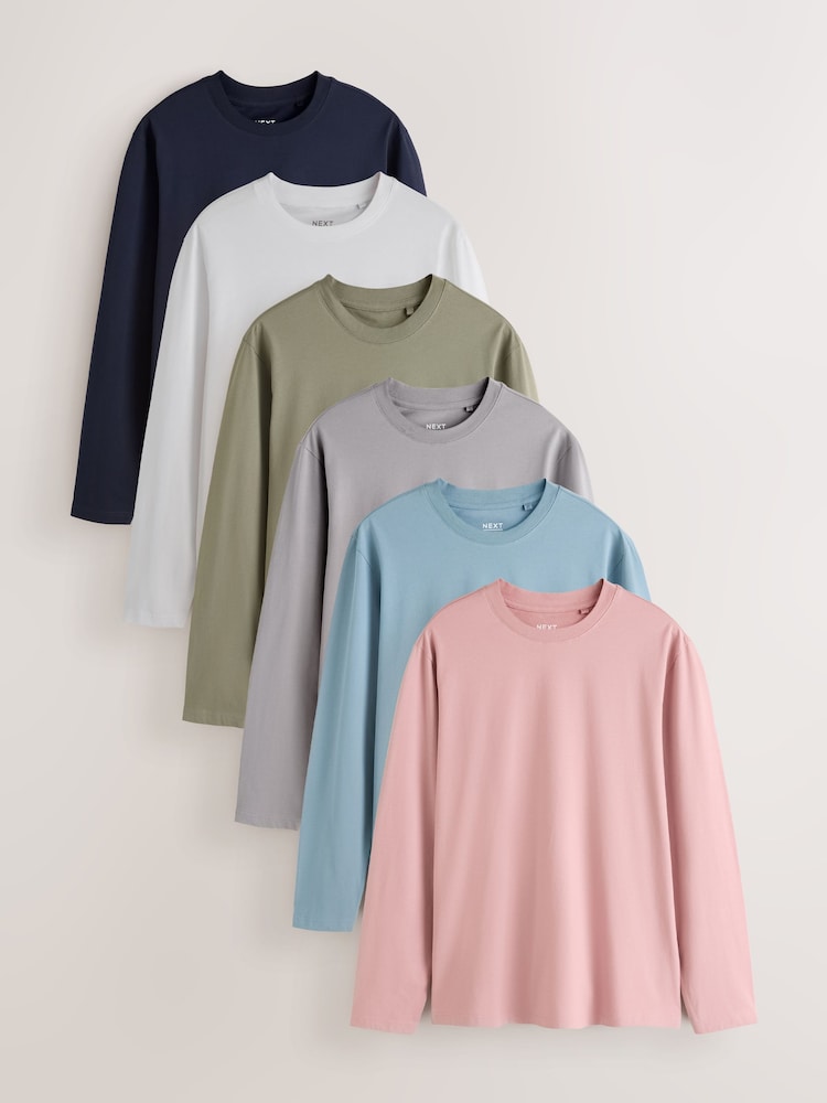 Navy/Mineral Green/White/Dusky Pink/Grey/Blue - Komplet 6 majic z dolgimi rokavi - Slika 1 iz 9