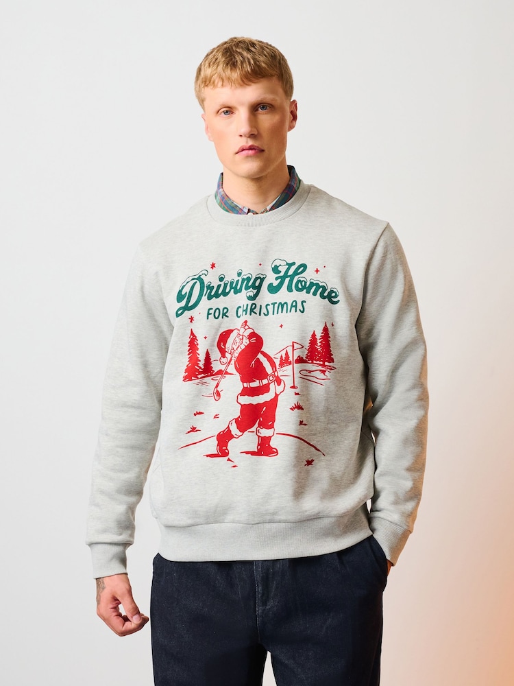Grey Marl Christmas Golf Graphic Crew Neck Sweatshirt - Image 1 of 7 Grey Marl Christmas Golf Graphic Crew Neck Sweatshirt - Image 1 of 7