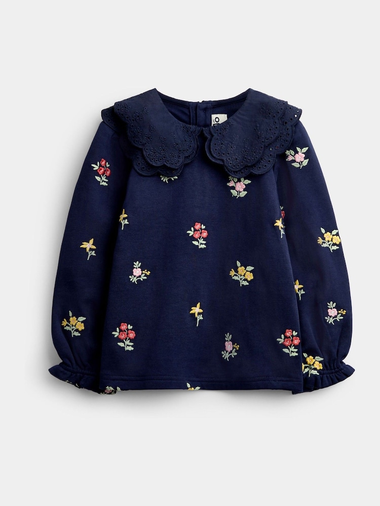 Jojo Maman Bébé Navy Blue Floral Embroidered Broderie Collar Top - Image 1 of 4 Jojo Maman Bébé Navy Blue Floral Embroidered Broderie Collar Top - Image 1 of 4