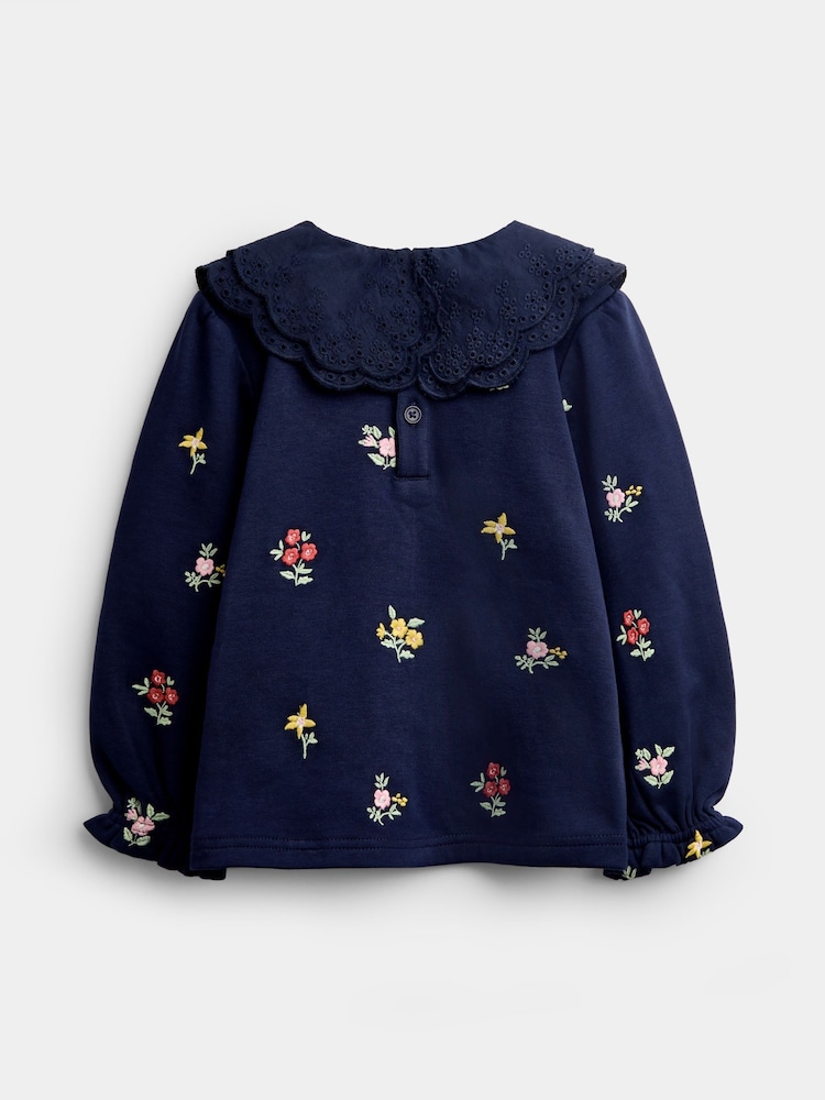 Jojo Maman Bébé Navy Blue Floral Embroidered Broderie Collar Top - Image 2 of 4 Jojo Maman Bébé Navy Blue Floral Embroidered Broderie Collar Top - Image 2 of 4