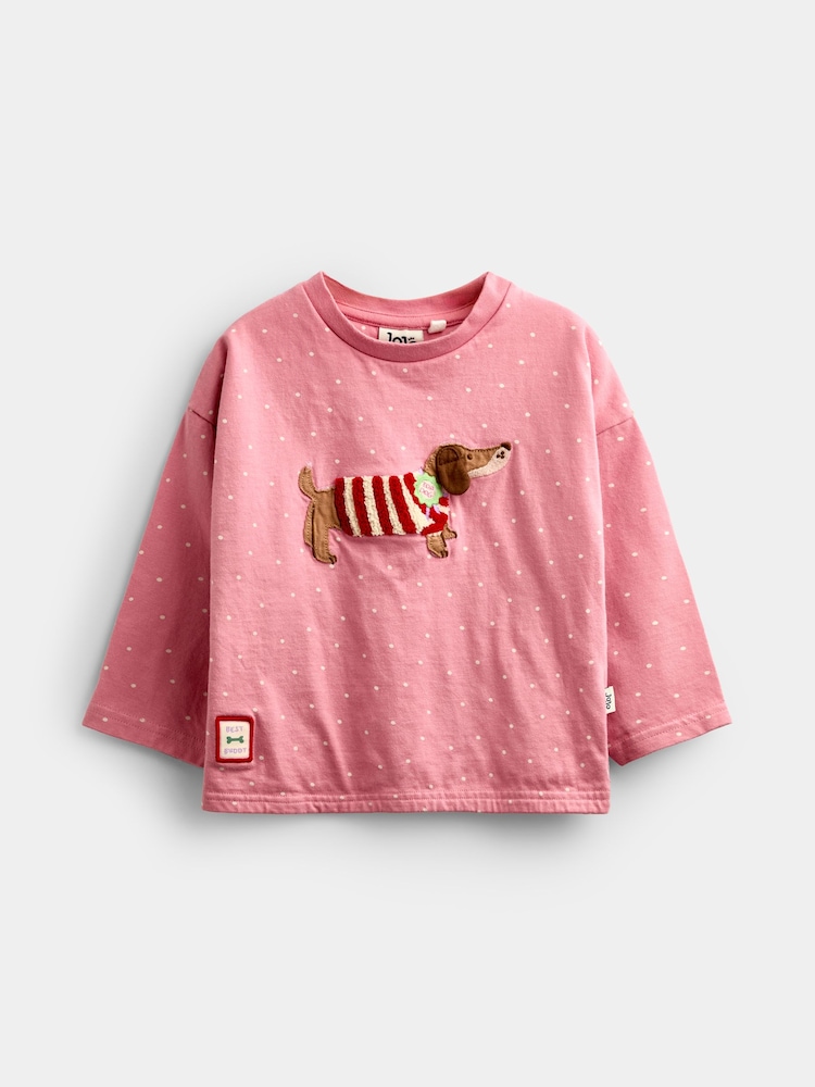 JoJo Maman Bébé Pink Dog Appliqué Long Sleeve Top - Image 1 of 4 JoJo Maman Bébé Pink Dog Appliqué Long Sleeve Top - Image 1 of 4