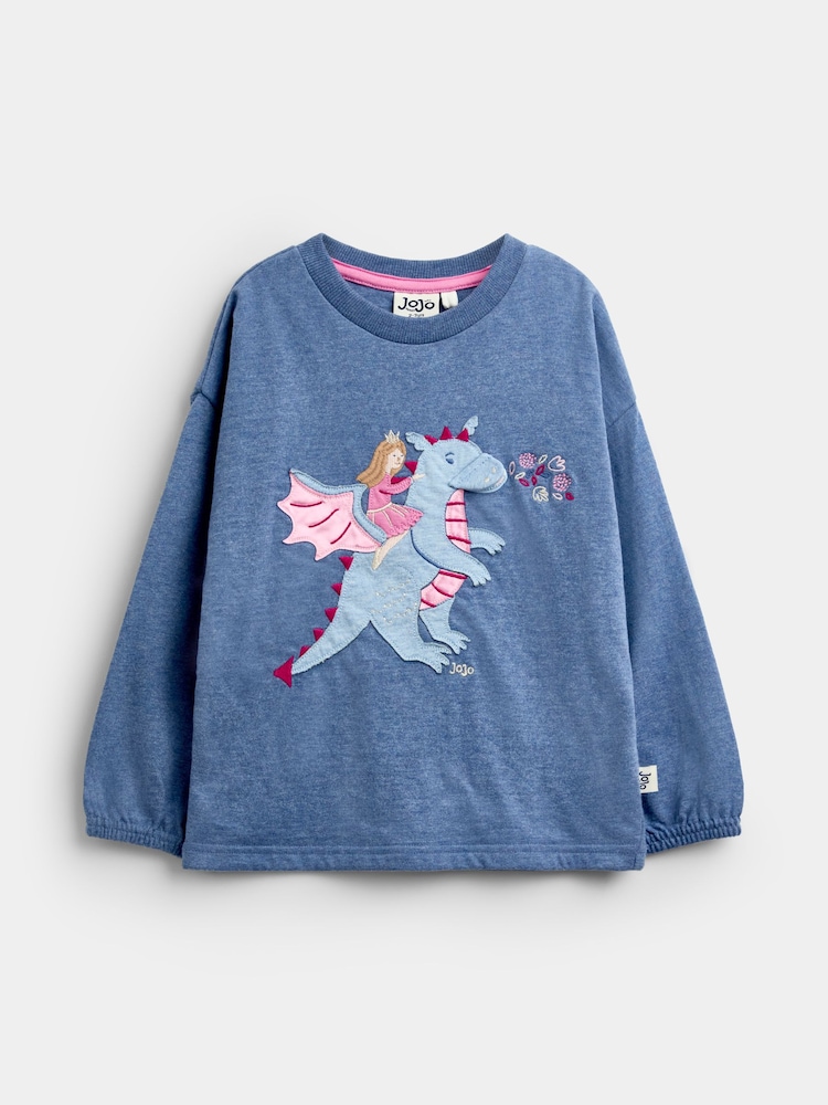 JoJo Maman Bébé Blue Dragon Appliqué Long  Sleeve Top - Image 1 of 4