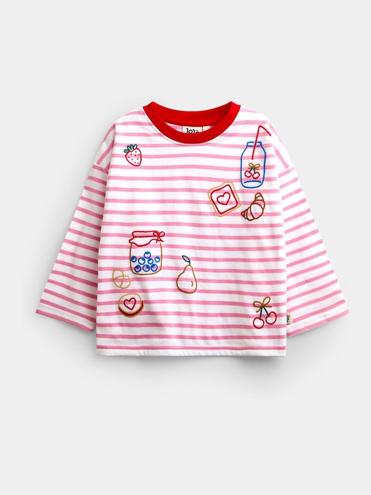 Jojo Maman Bébé Pink Breakfast Embroidered Top - Image 1 of 4 Jojo Maman Bébé Pink Breakfast Embroidered Top - Image 1 of 4