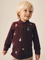Burgundy Red Long Sleeve Christmas Embroidered Polo Shirt (3mths-7yrs) - Image 1 of 4
