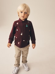 Burgundy Red Long Sleeve Christmas Embroidered Polo Shirt (3mths-7yrs) - Image 2 of 4