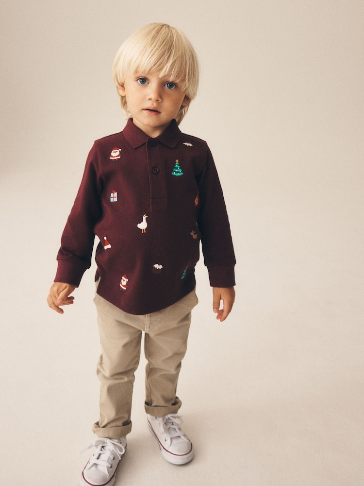 Burgundy Red Long Sleeve Christmas Embroidered Polo Shirt (3mths-7yrs) - Image 2 of 4