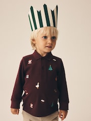 Burgundy Red Long Sleeve Christmas Embroidered Polo Shirt (3mths-7yrs) - Image 4 of 4