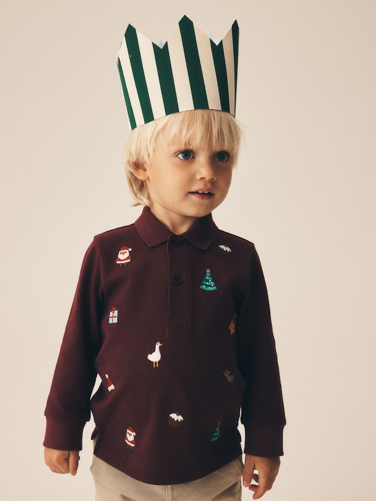 Burgundy Red Long Sleeve Christmas Embroidered Polo Shirt (3mths-7yrs) - Image 4 of 4