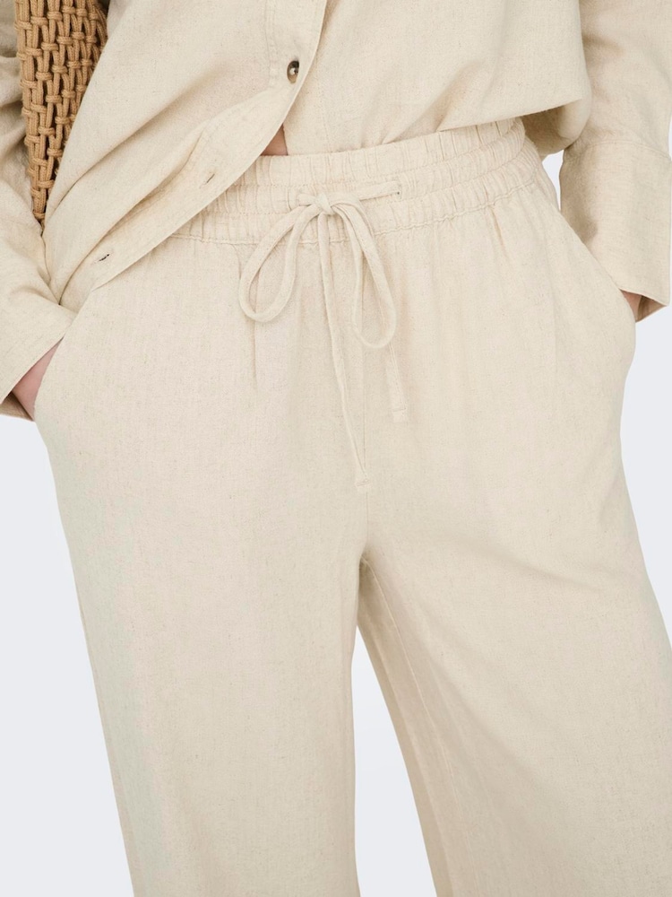 JDY Cream Pull On Wide Leg Trousers With Linen - Image 2 of 7