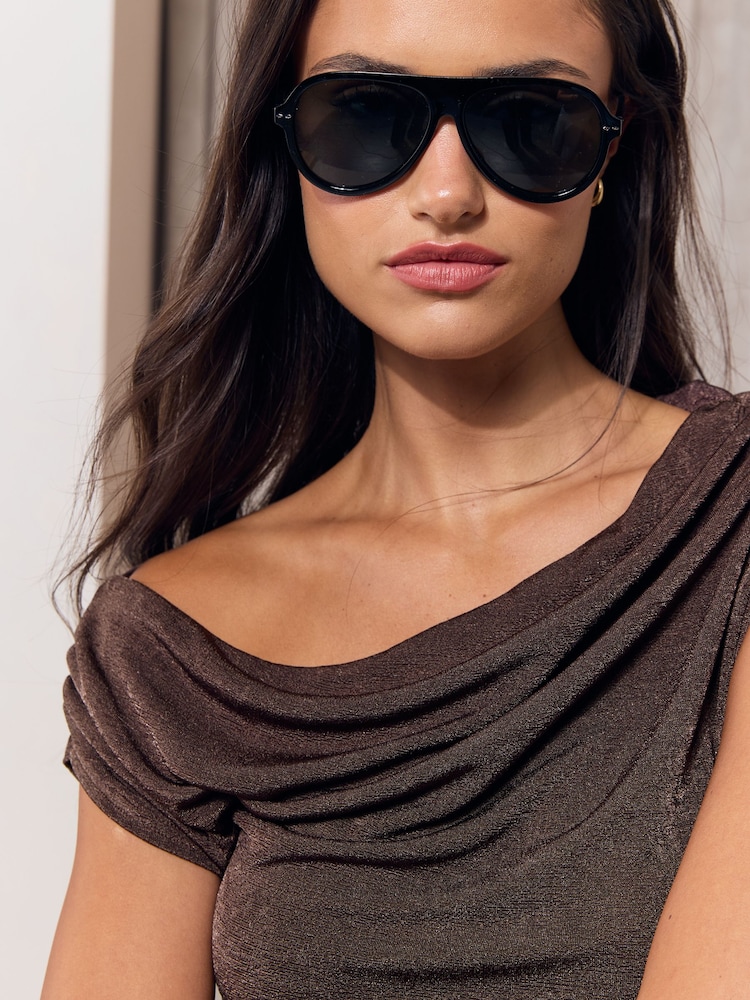 Noir - Lunettes de soleil d’aviateur arrondi Lipsy - Image 1 de 3