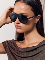 Noir - Lunettes de soleil d’aviateur arrondi Lipsy - Image 3 de 3