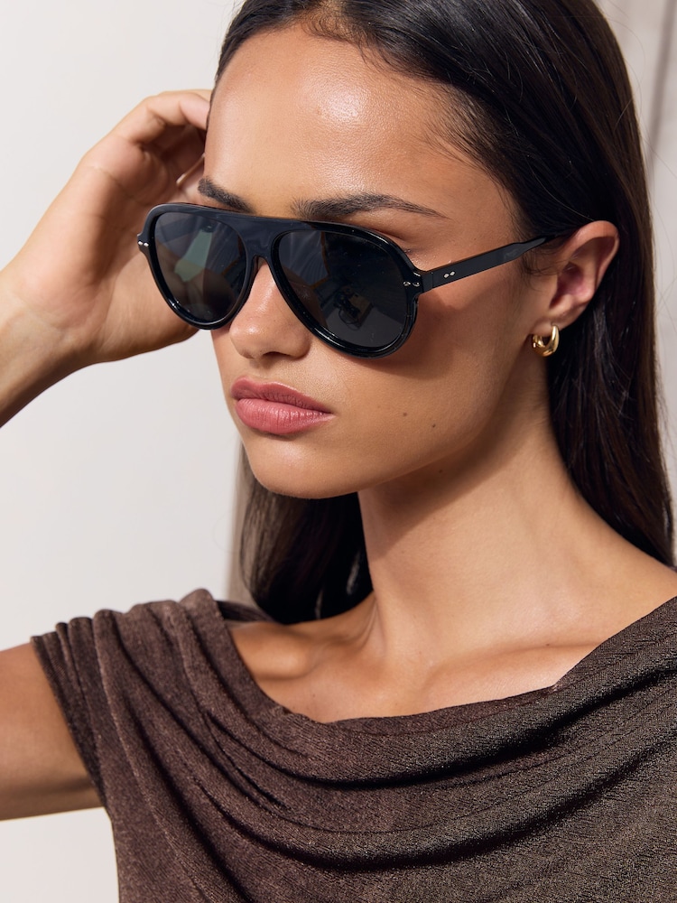 Noir - Lunettes de soleil d’aviateur arrondi Lipsy - Image 3 de 3