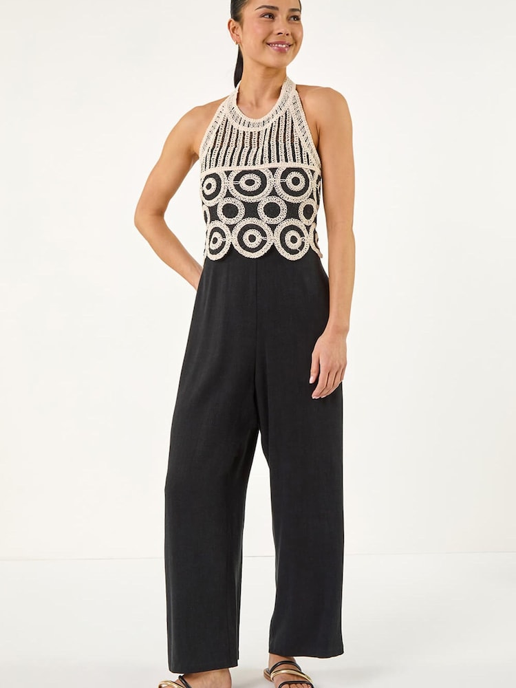 Roman Black Petite Crochet Detail Jumpsuit - Image 2 of 5