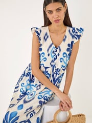 Roman Blue Abstract Print Frill Detail Midi Dress - Image 1 of 5