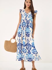 Roman Blue Abstract Print Frill Detail Midi Dress - Image 2 of 5