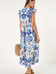 Roman Blue Abstract Print Frill Detail Midi Dress - Image 3 of 5