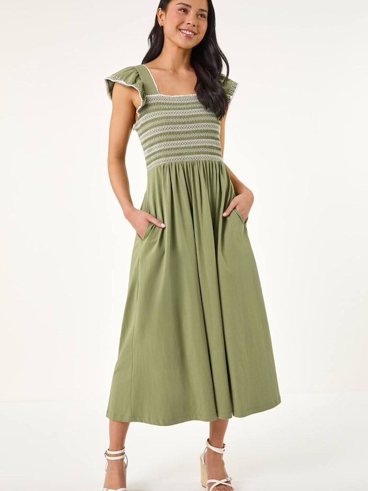 Roman Green Petite Contrast Shirred Midi Dress - Image 2 of 5