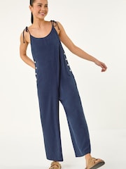 Roman Blue Petite Strappy Tie Button Jumpsuit - Image 1 of 5