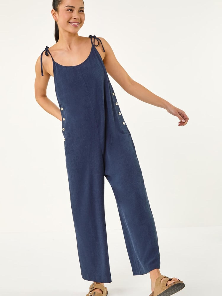 Roman Blue Petite Strappy Tie Button Jumpsuit - Image 1 of 5