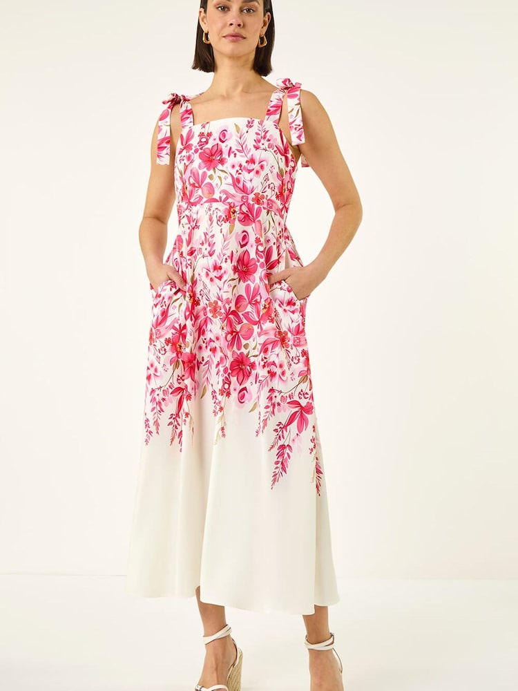 Roman Pink Floral Print Strap Tie Midi Dress - Image 1 of 5