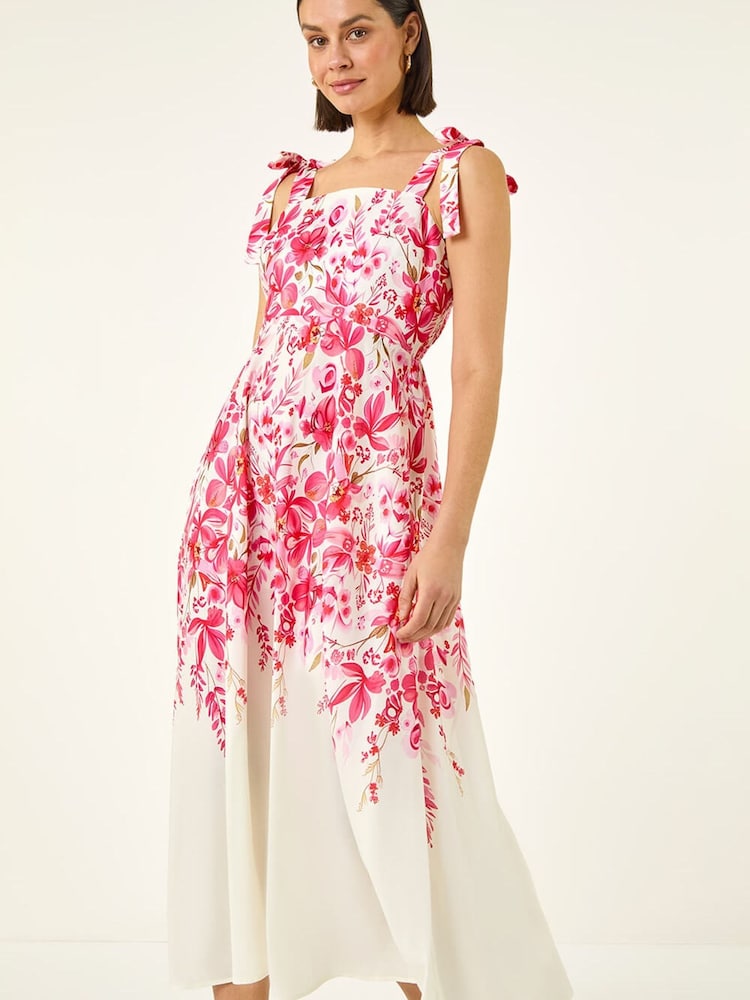 Roman Pink Floral Print Strap Tie Midi Dress - Image 2 of 5