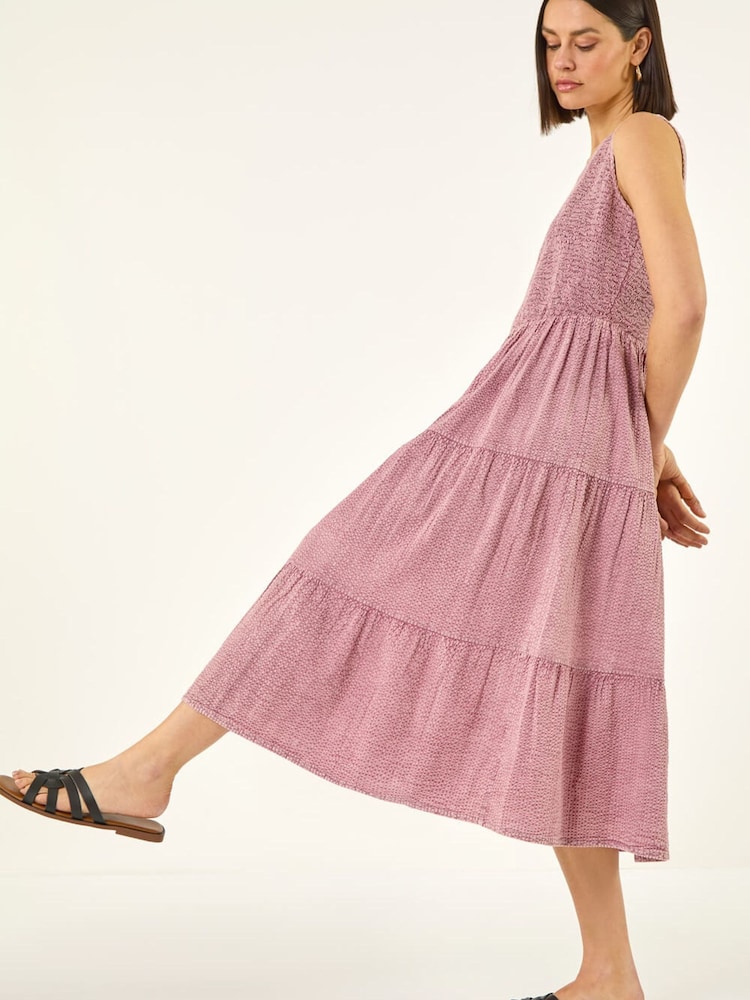 Roman Pink Shirred Textured Smock Midi Dress - Image 1 of 5