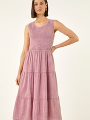 Roman Pink Shirred Textured Smock Midi Dress - Image 2 of 5