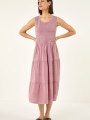 Roman Pink Shirred Textured Smock Midi Dress - Image 4 of 5