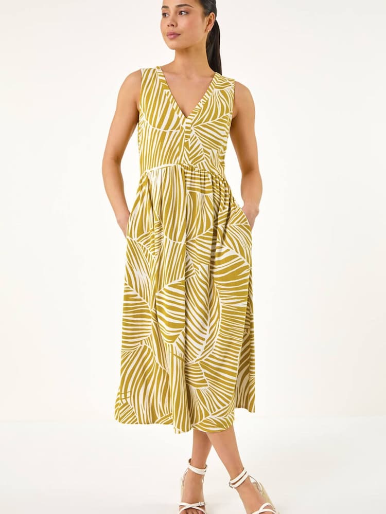 Roman Yellow Petite Abstract Leaf Midi Dress - Image 2 of 5 Roman Yellow Petite Abstract Leaf Midi Dress - Image 2 of 5