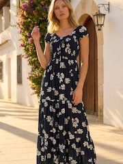 Roman Black Shirred Floral Sweetheart Midi Dress - Image 2 of 4