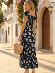 Roman Black Shirred Floral Sweetheart Midi Dress - Image 3 of 4