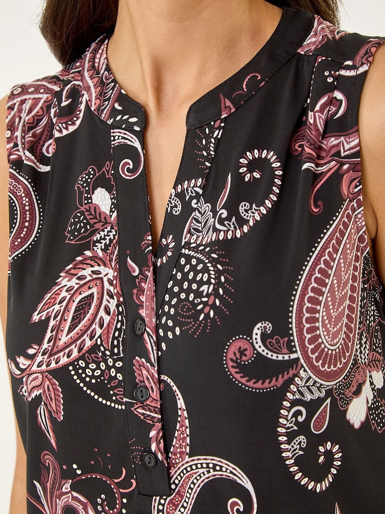 Roman Black Paisley Puff Print Vest Top - Image 5 of 5
