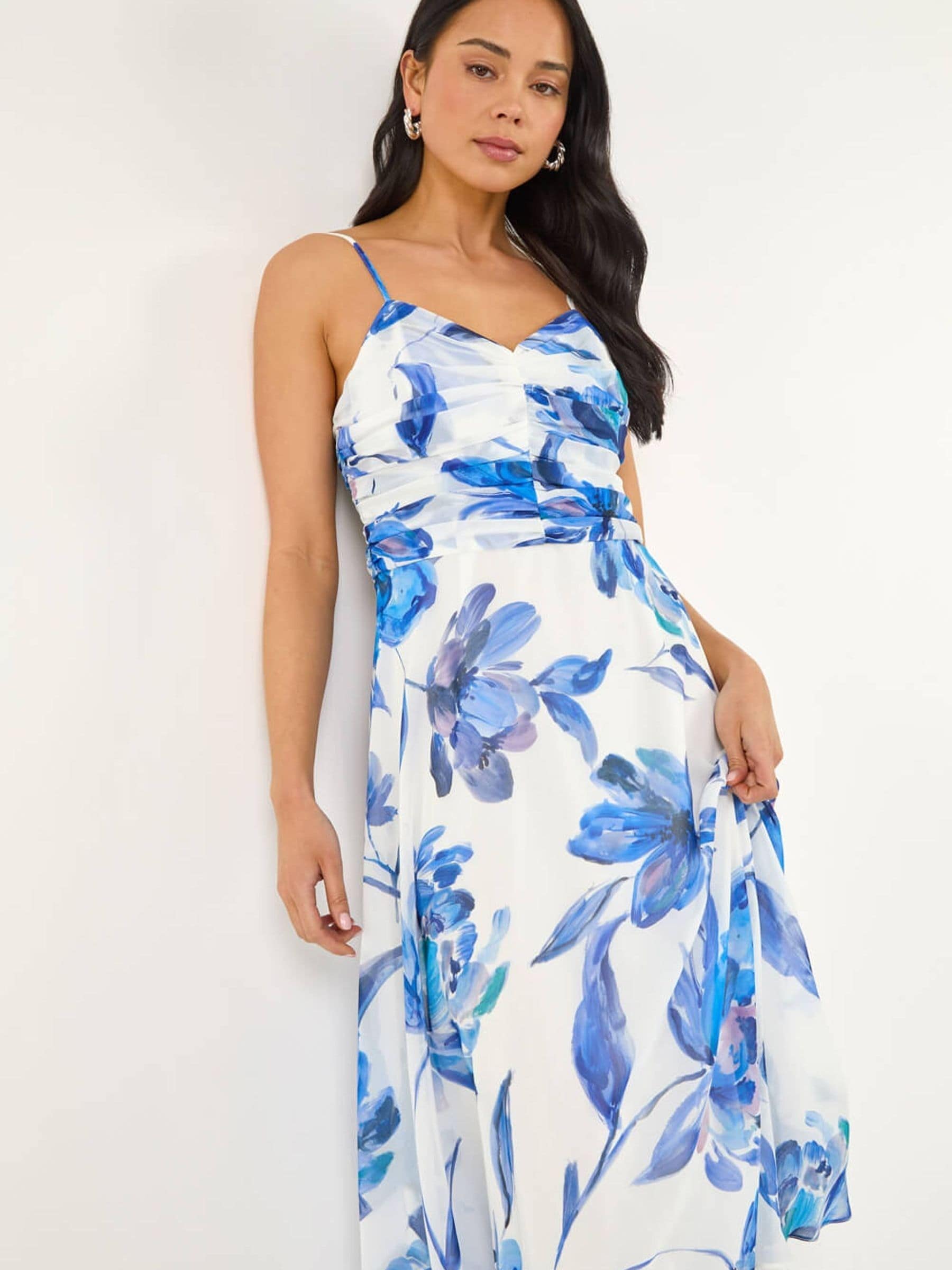 Roman Women's Blue Petite Floral Ruched Midi Dress