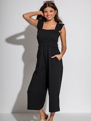Pour Moi Black Iris Frill Detail Slub Crop Leg Jumpsuit - Image 1 of 2