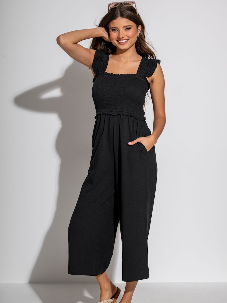 Pour Moi Black Iris Frill Detail Slub Crop Leg Jumpsuit - Image 1 of 2 Pour Moi Black Iris Frill Detail Slub Crop Leg Jumpsuit - Image 1 of 2