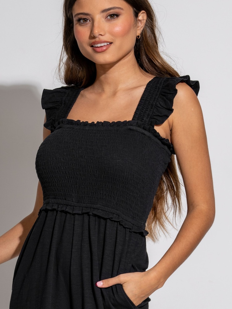 Pour Moi Black Iris Frill Detail Slub Crop Leg Jumpsuit - Image 2 of 2 Pour Moi Black Iris Frill Detail Slub Crop Leg Jumpsuit - Image 2 of 2