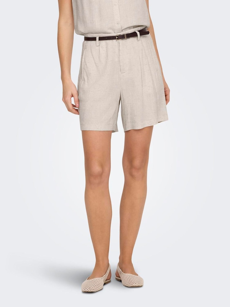 ONLY Cream High Waisted Linen Blend Shorts With Tan Belt - Image 1 of 5