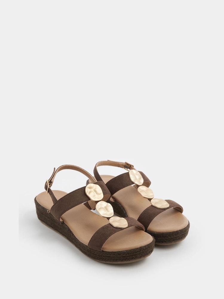 Yours Curve Brown Wide Fit Hammered Disk Wedge Sandals - Image 1 of 4