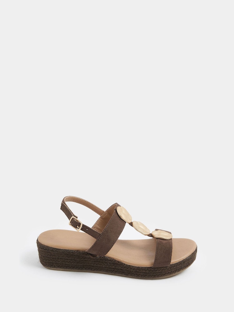 Yours Curve Brown Wide Fit Hammered Disk Wedge Sandals - Image 2 of 4