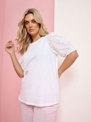 Yours Curve White Broderie Anglaise T-Shirt - Image 1 of 3