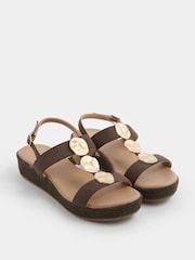 Yours Curve Brown Extra Wide Fit Hammered Disk Wedge Sandals - Image 2 of 5