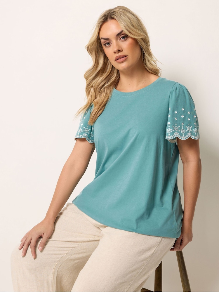 Yours Curve Green Angel Sleeve Embroidered T-Shirt - Image 1 of 5 Yours Curve Green Angel Sleeve Embroidered T-Shirt - Image 1 of 5