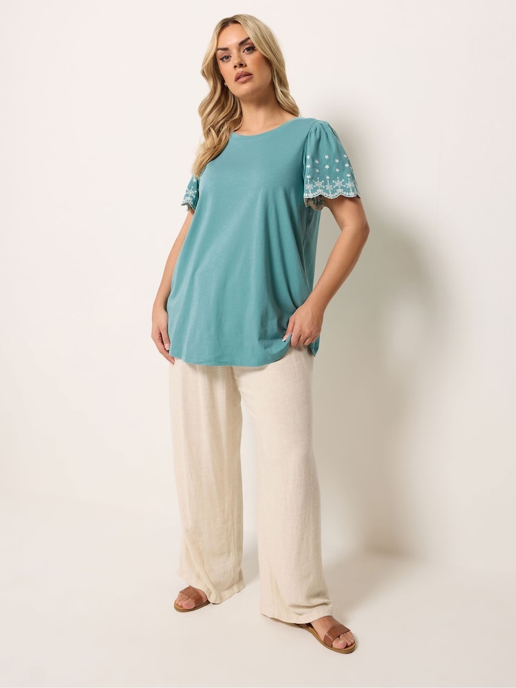 Yours Curve Green Angel Sleeve Embroidered T-Shirt - Image 2 of 5 Yours Curve Green Angel Sleeve Embroidered T-Shirt - Image 2 of 5