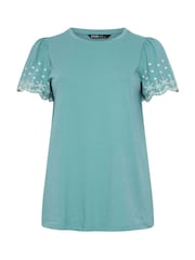 Yours Curve Green Angel Sleeve Embroidered T-Shirt - Image 5 of 5