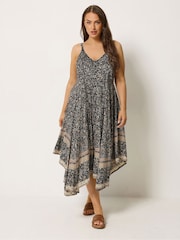 Yours Curve Black Border Print Hanky Hem Dress - Image 1 of 6