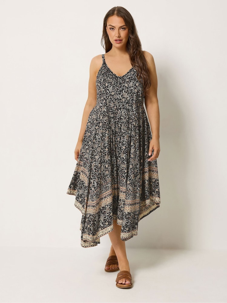 Yours Curve Black Border Print Hanky Hem Dress - Image 1 of 6
